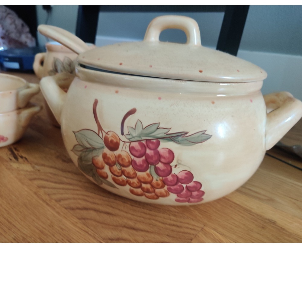 Tuscan Ceramic Soup Tureen Set 6pc Grapes Hand Painted Mustard Vintage China